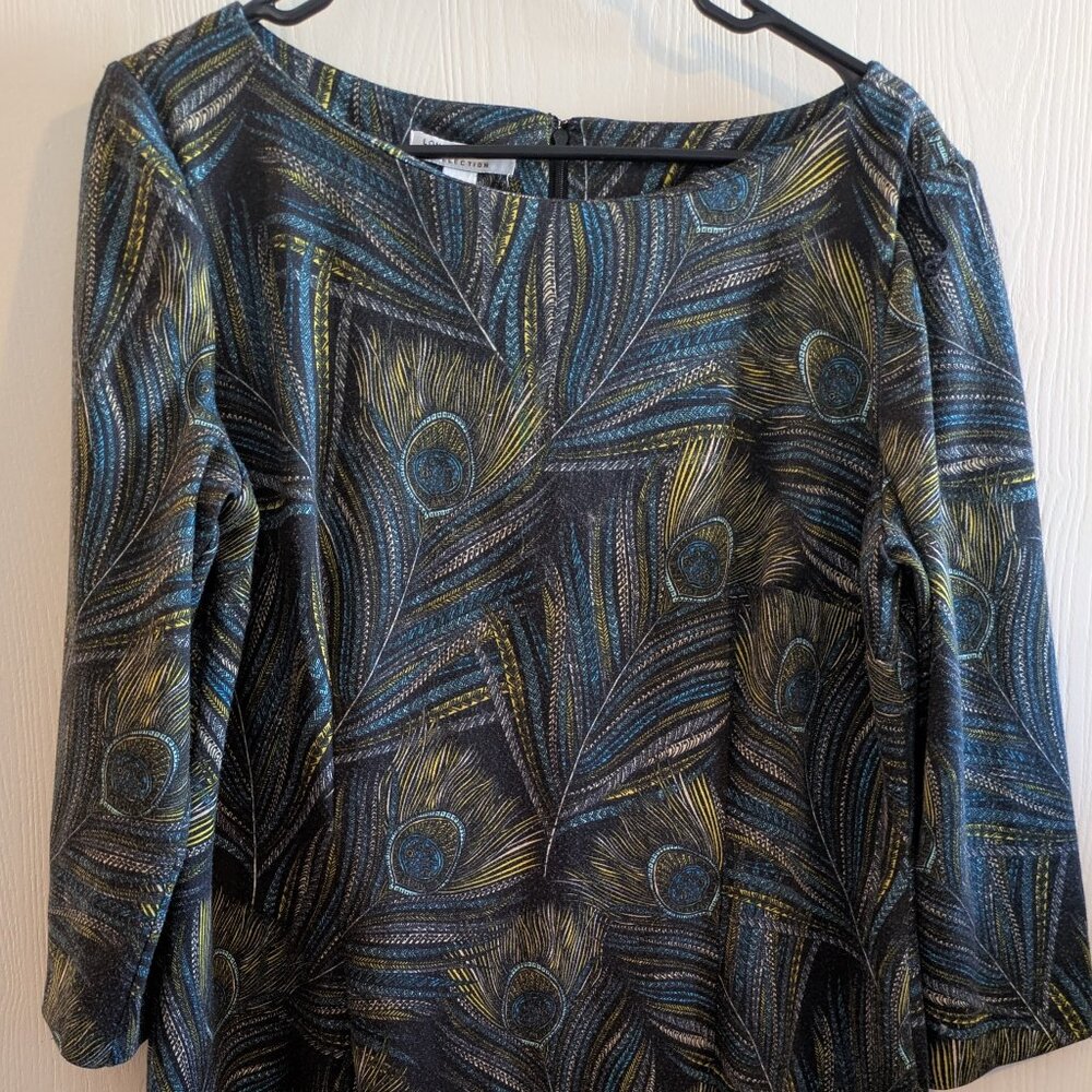 London Style Collection Women Midi Dress Black Aqua. Peacocks Feather Print 16